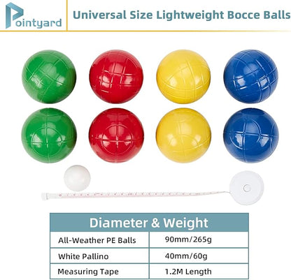 Pointyard 90mm Bocce Ball Set with 8 PE Balls, 1 Pallino, Carrying Bag, Measuring Tape - Family