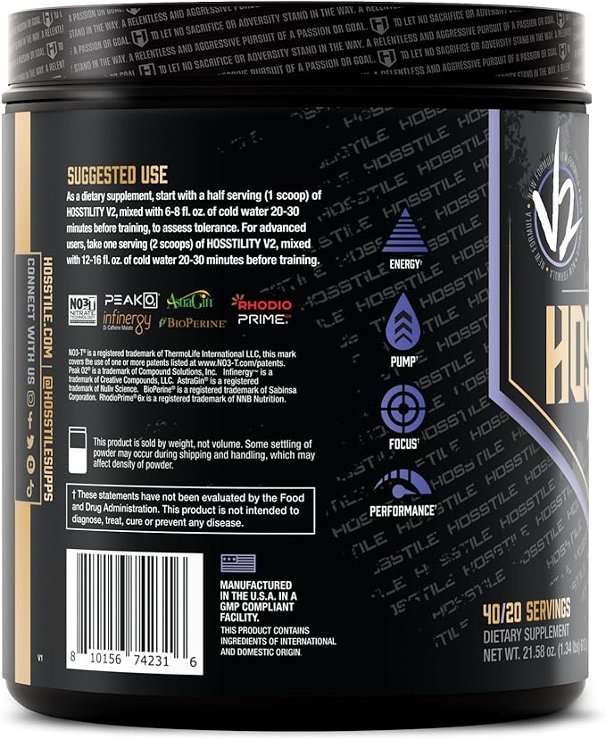 HOSSTILE Hosstility V2 Pre Workout, All-in-One Pre Workout Powder for Men and Women, Enhance Muscle