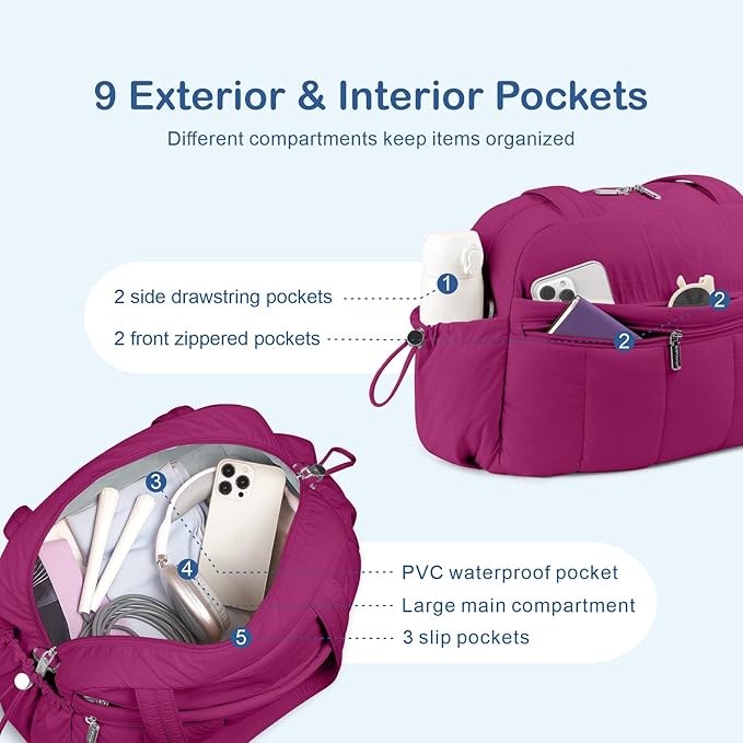 TOPDesign Travel Duffel Bag for Women, Puffer Gym Bag Sports Tote with Wet Pocket, Carry On