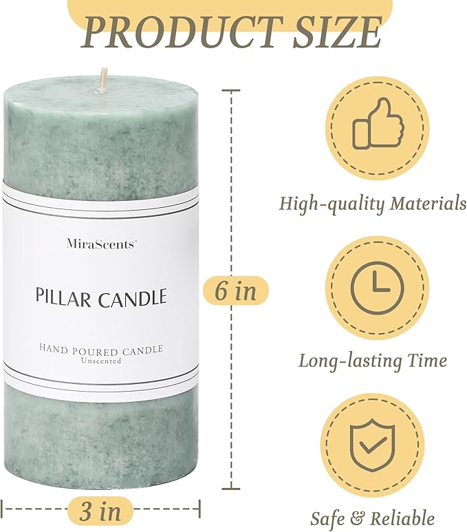 3x6 inch Green Pillar Candles Set of 3, Unscented Pillar Candle, Dripless and Smokeless Large