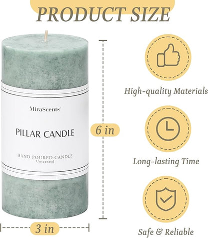 3x6 inch Green Pillar Candles Set of 3, Unscented Pillar Candle, Dripless and Smokeless Large