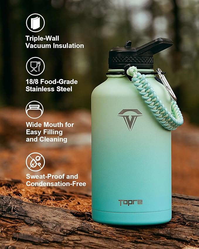 Insulated Water Bottle 64oz,Half Gallon Water Flask Stainless Steel Vacuum, Cold for 48