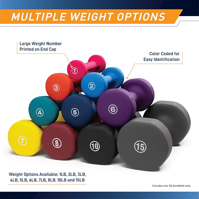 Marcy Colored Neoprene Dumbbell (Sold in Singles or Set) Hand Weights, Exercise Free Weights for