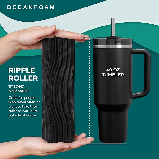 Oceanfoam Ripple Travel Foam Roller (11" x 3.35") Firm Mini Foam Roller for Physical Therapy, Deep