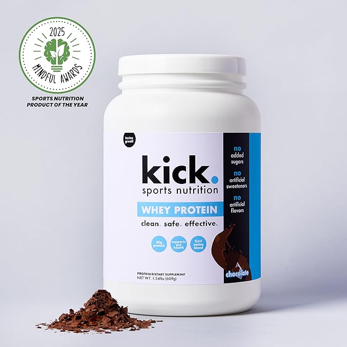 Kick Whey Protein Powder, Chocolate Flavor, 25 G Protein Gluten Free Workout Supplement with Amino