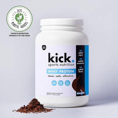 Kick Whey Protein Powder, Chocolate Flavor, 25 G Protein Gluten Free Workout Supplement with Amino