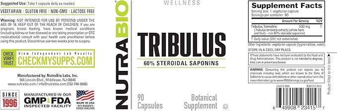 NutraBio Tribulus Terrestris Extract Supplement, 500mg - Tribulus Terrestris for Men and Women