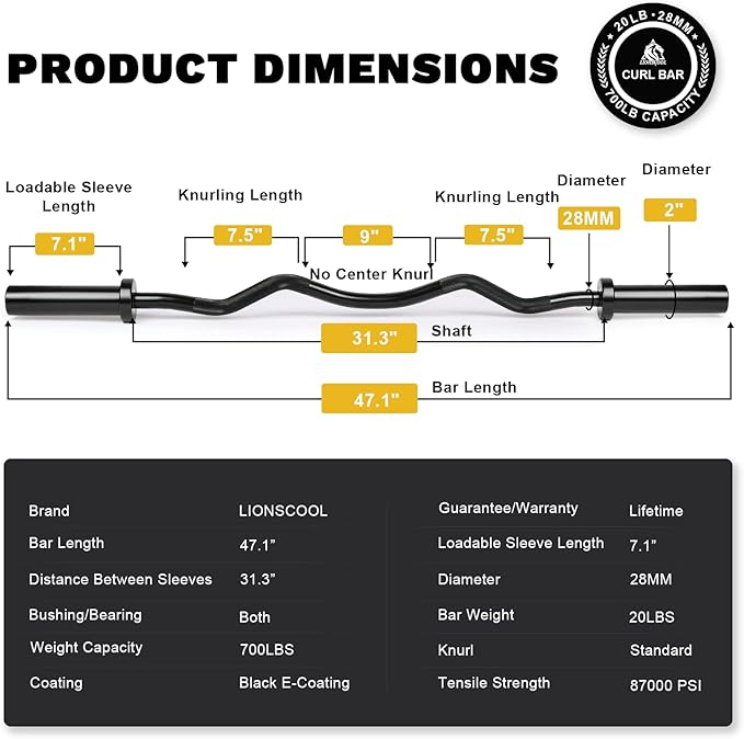 LIONSCOOL Premium 4ft/4.9ft/6ft Barbell for Strength Training and Olympic Weightlifting, 2 Inch Bar