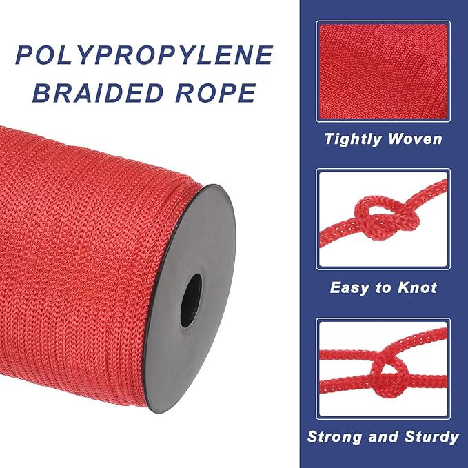 MECCANIXITY 5/32 Inch Polypropylene Rope Braided Ropes, 328ft Camping Rope Hollow Utility Cord for