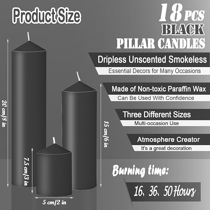 18 Pcs Black Pillar Candles Bulk Set，Hurricane Candlesï¼? Different Lengths (6 Each)，Dripless