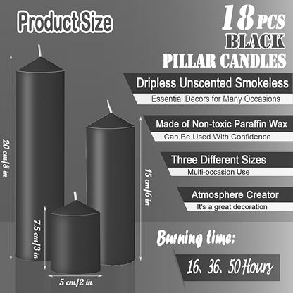 18 Pcs Black Pillar Candles Bulk Set，Hurricane Candlesï¼? Different Lengths (6 Each)，Dripless