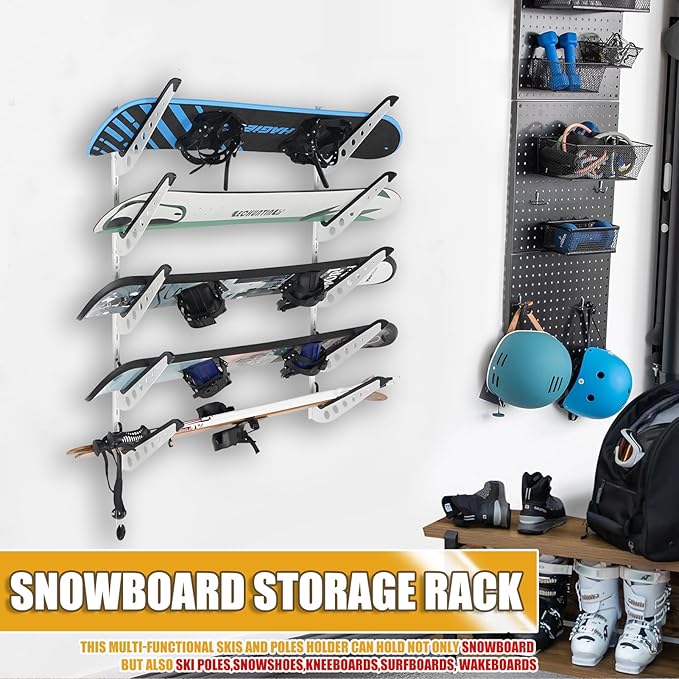 5 Board Snowboard Wall Racks, Adjustable Storage Rack for Ski, Surfboard, Wakeboard, Snowboard Wall