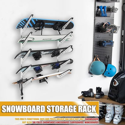 5 Board Snowboard Wall Racks, Adjustable Storage Rack for Ski, Surfboard, Wakeboard, Snowboard Wall