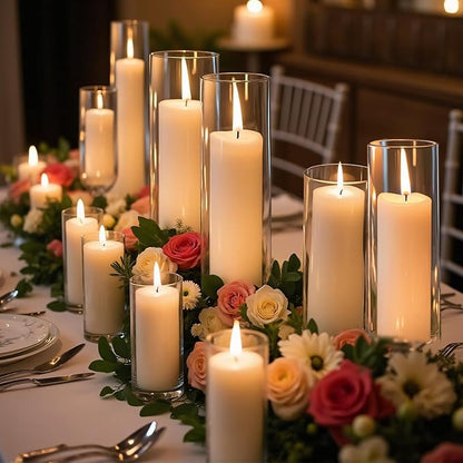36 PCS Ivory White Pillar Candles with Glass Candle Holders Clear Hurricane Candle Holders Glass