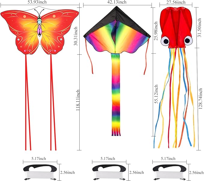 3 Pack Large Kites, Large Butterfly Kite, Colorful Delta and Red Octopus for Girls Boys Ages 4-8
