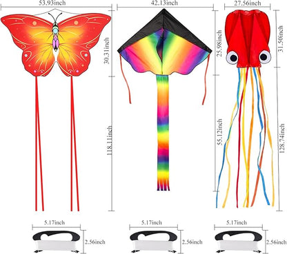 3 Pack Large Kites, Large Butterfly Kite, Colorful Delta and Red Octopus for Girls Boys Ages 4-8