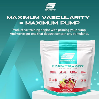 Granite Supplements Vaso Blast, Cherry Lime Flavor, Stimulant-Free Pre Workout for Men & Women with