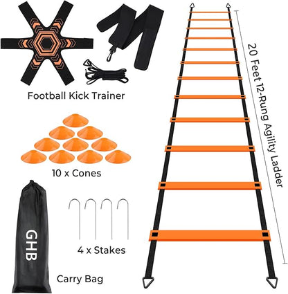 GHB Pro Agility Ladder Soccer Kick Trainer Set 20ft 12 Rung 10 Cones and 4 Stakes Speed Agility