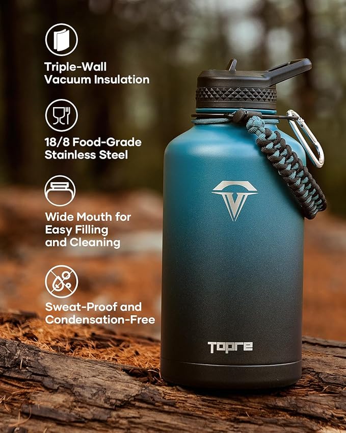 64 oz Insulated Water Bottle,Half Gallon Water Flask Stainless Steel Vacuum, Cold for 48