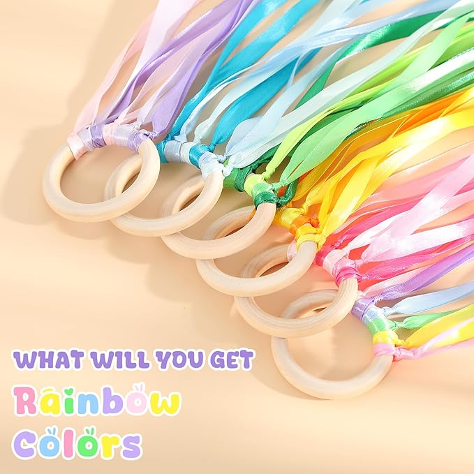 Deekin 12 Pcs Rainbow Ribbon Wooden Waldorf Toys Creative Waldorf Hand Kite Set Streamers with Wood