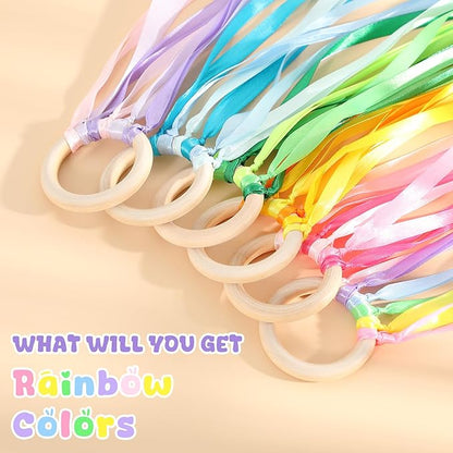 Deekin 12 Pcs Rainbow Ribbon Wooden Waldorf Toys Creative Waldorf Hand Kite Set Streamers with Wood