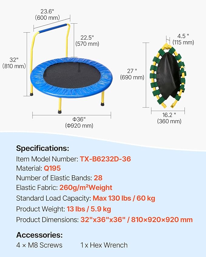 VEVOR 3FT Trampoline 36" Indoor/Outdoor for Toddlers, Foldable Mini Baby With Foam Handle