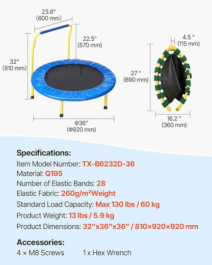 VEVOR 3FT Trampoline 36" Indoor/Outdoor for Toddlers, Foldable Mini Baby With Foam Handle