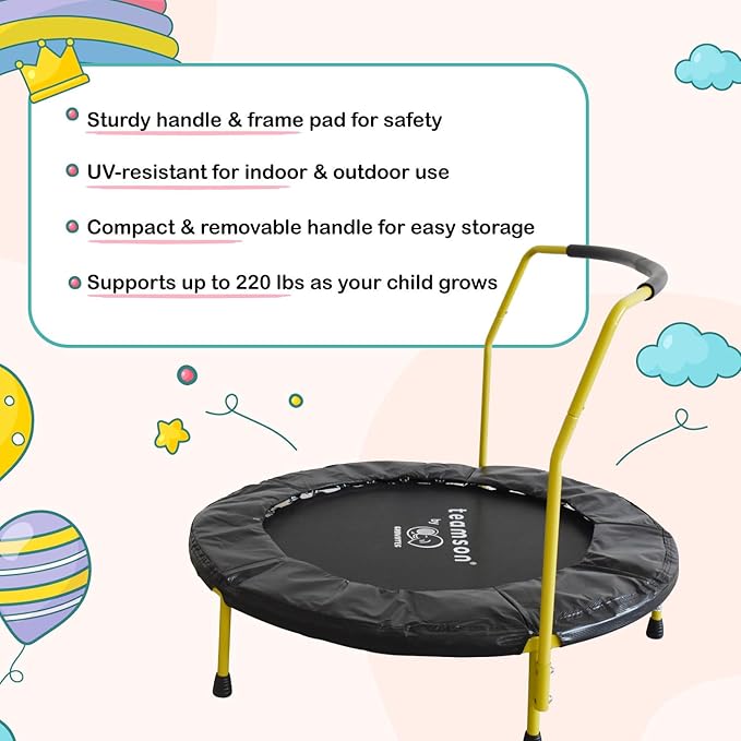Teamson by Crowntec 36'' Round UV Resistant Steel Mini Trampoline with Handle and Safety Pad for