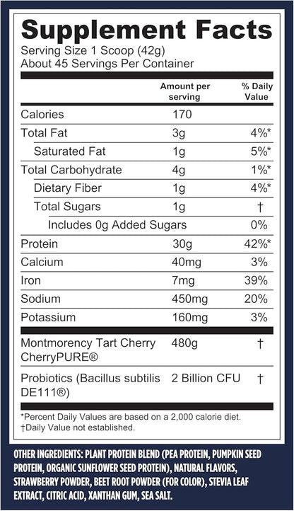 Vega Sport Vegan Protein Powder + Recovery - 30g Plant Based Protein per Serving, Berry, 45