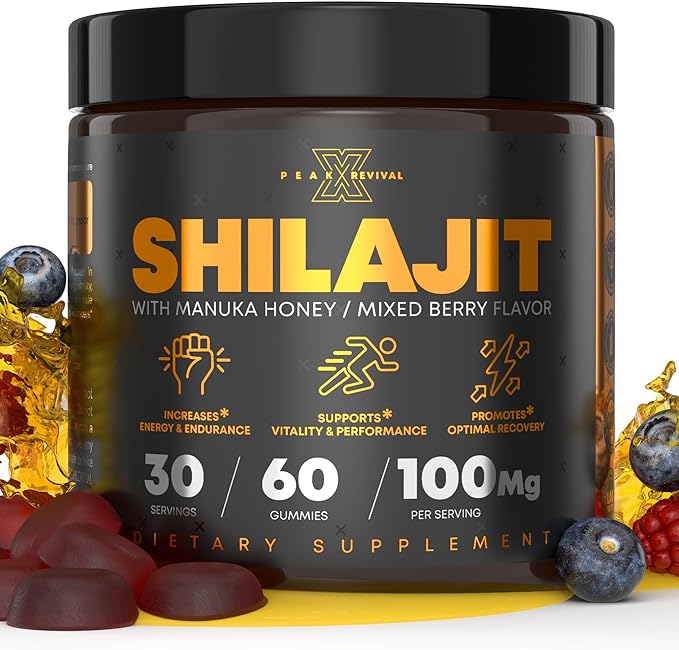 Peak Revival Shilajit Gummies with Manuka Honey, Mixed Berry Flavor, 60 Count, 100mg per Serving