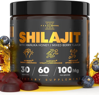 Peak Revival Shilajit Gummies with Manuka Honey, Mixed Berry Flavor, 60 Count, 100mg per Serving