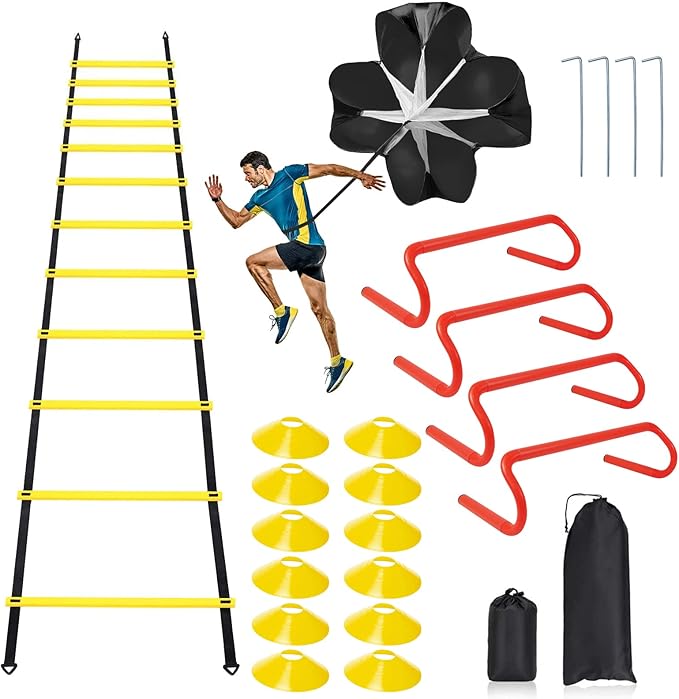 Speed & Agility Ladder Training Equipment Set, Includes 12 Rung 20ft Agility Ladder, 4 Agility