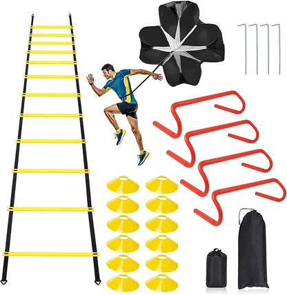 Speed & Agility Ladder Training Equipment Set, Includes 12 Rung 20ft Agility Ladder, 4 Agility
