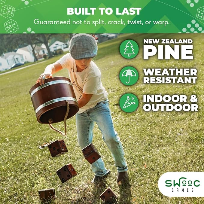 SWOOC Games - Yardzee, Farkle & 20+ Giant Dice Games (All Weather) Yard Dice with Wooden Bucket, 5