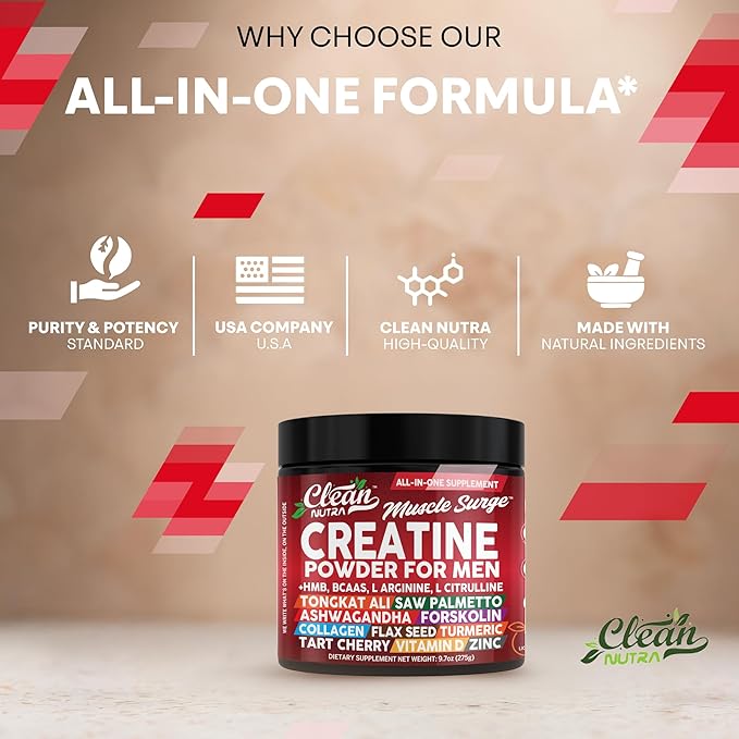 Clean Nutra Creatine Powder for Men + HMB BCAA L Arginine L Citrulline Tongkat Ali Saw Palmetto
