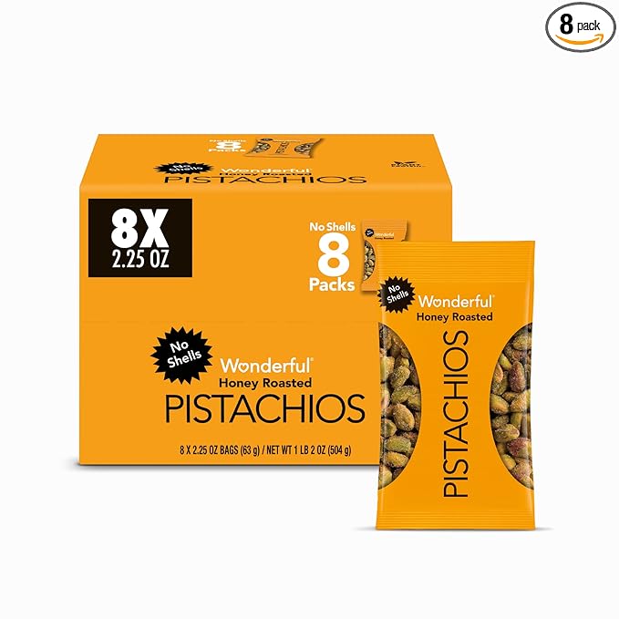 Wonderful Pistachios No Shells, Honey Roasted Nuts, 2.25 Ounce Bag (Pack of 8), Protein Snacks