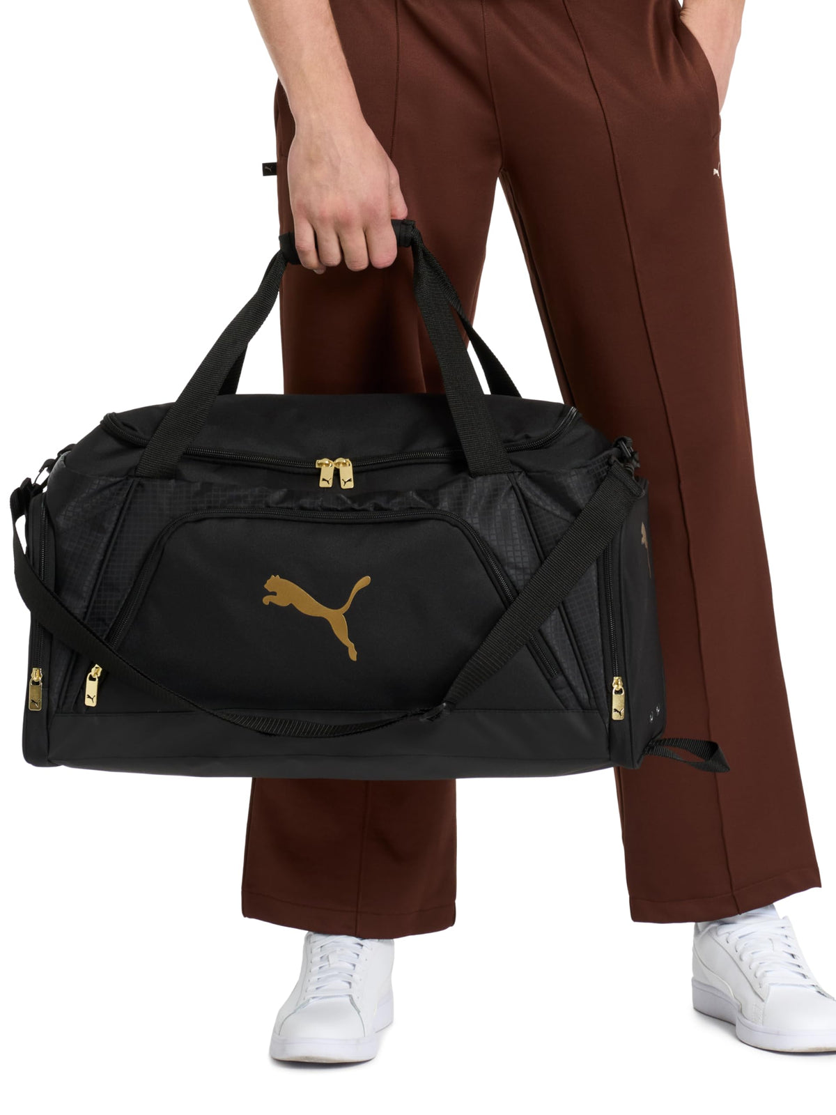 PUMA Accelerator Duffel Bag with Removable Strap & Shoe Pocket, Black/Gold, One Size