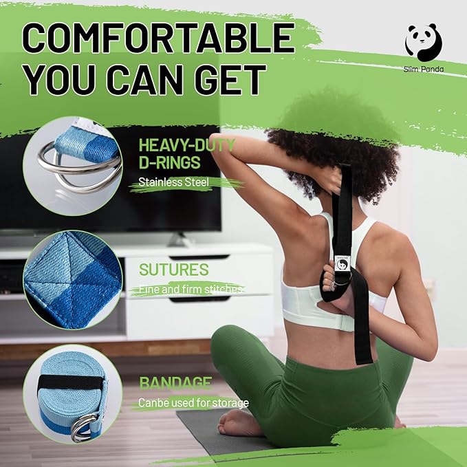 Slim Panda Yoga Strap for Stretching,Cotton Yoga Strap with Adjustable D-Ring Buckle,Non-Elastic