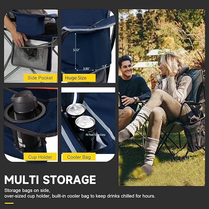 FAIR WIND Oversized Fully Padded Camping Chair with Lumbar Support, Heavy Duty Cooler Bag Fold