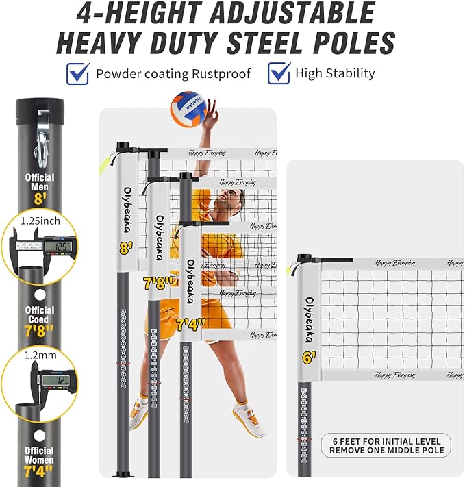 Outdoor Portable Volleyball Net Set for Backyard Beach with Adjustable Heavy Duty Poles, Durable