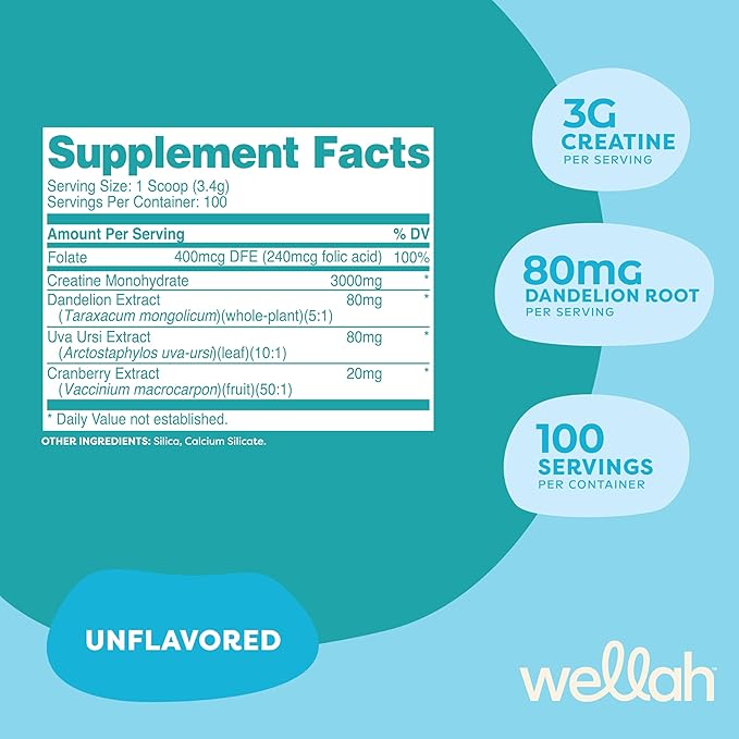 Wellah Pump-It-Up Creatine (100 Servings, Unflavored) - Creatine Monohydrate with Dandelion, Uva