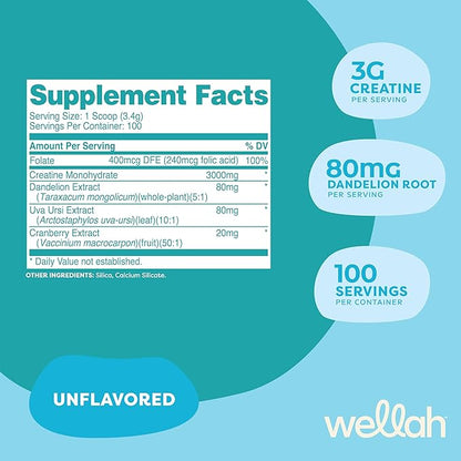 Wellah Pump-It-Up Creatine (100 Servings, Unflavored) - Creatine Monohydrate with Dandelion, Uva