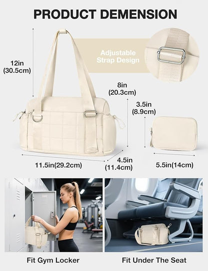 VUUDH Puffy Mini Gym Bag for Women, Carry On Multi-Pocket Water-Resistant Duffel, Lightweight