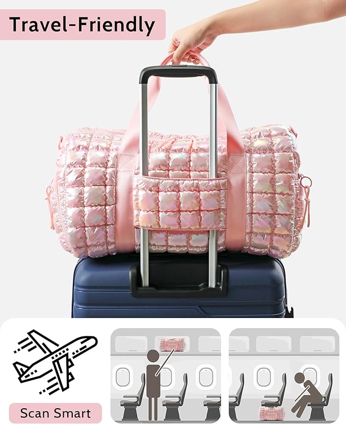 Quilted Duffel Bag for Women, Puffer Gym Duffle Bag with Shoe Compartment Lightweight Large