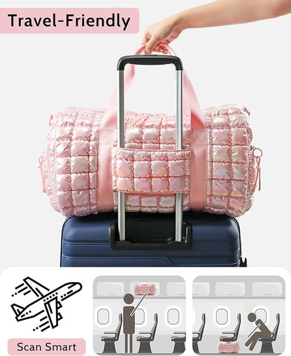 Quilted Duffel Bag for Women, Puffer Gym Duffle Bag with Shoe Compartment Lightweight Large
