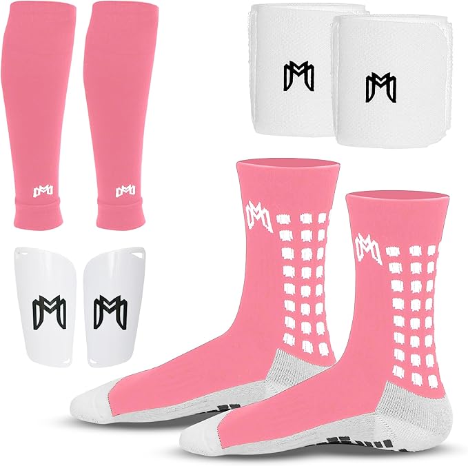 Soccer Grip Socks, Shin Guards, Pre Cut Sock Sleeves, and Guard Straps Bundle Pack - Essential