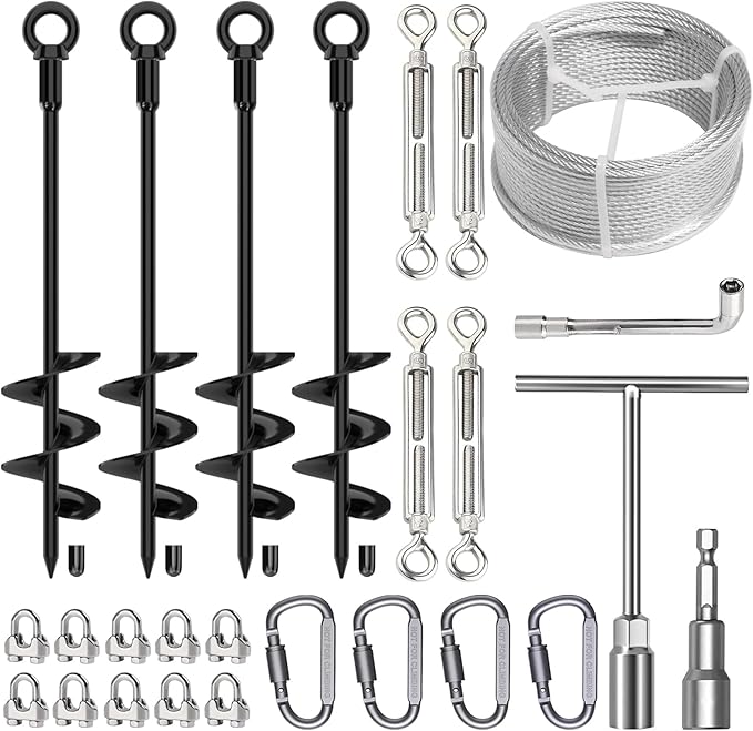 4 Pcs 18" Fully Welded Ground Anchors Shed Anchors Kit with 1/8" Galvanized Cable & Turnbuckles &