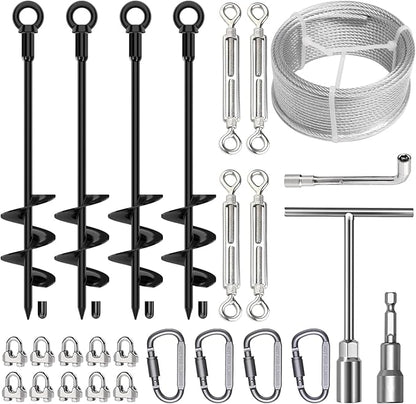 4 Pcs 18" Fully Welded Ground Anchors Shed Anchors Kit with 1/8" Galvanized Cable & Turnbuckles &
