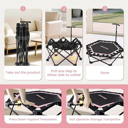 Foldable Mini Trampoline, Rebounder Trampoline with Adjustable Foam Handle, Fitness Trampoline for