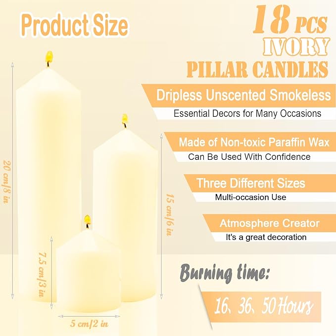 18 Pcs Ivory Pillar Candles Bulk Set，Hurricane Candlesï¼? Different Lengths (6 Each)，Dripless